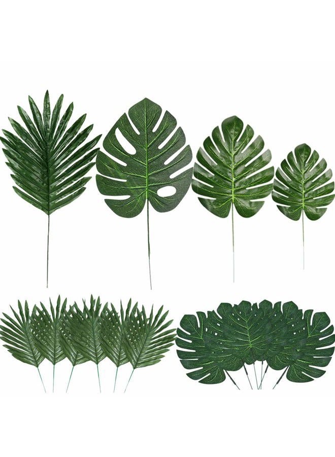 LOMIRO 60 Pieces 4 Kinds Artificial Palm Leaves with Faux Stems Tropical Plant Leaves Monstera Leaves Safari Leaves for Hawaiian Luau Party Jungle Beach Table Leave Decorations - Image 1