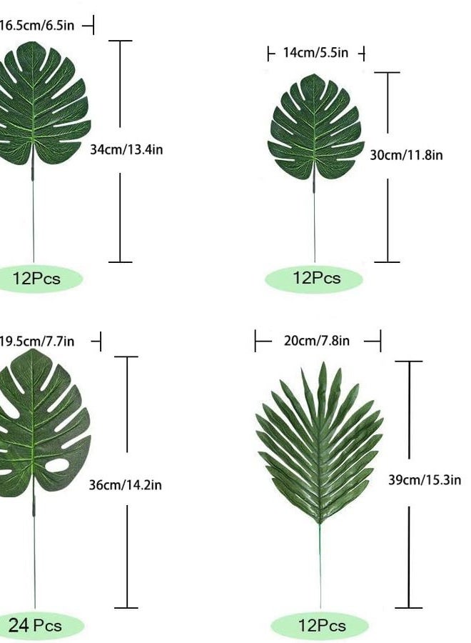 LOMIRO 60 Pieces 4 Kinds Artificial Palm Leaves with Faux Stems Tropical Plant Leaves Monstera Leaves Safari Leaves for Hawaiian Luau Party Jungle Beach Table Leave Decorations - Image 2