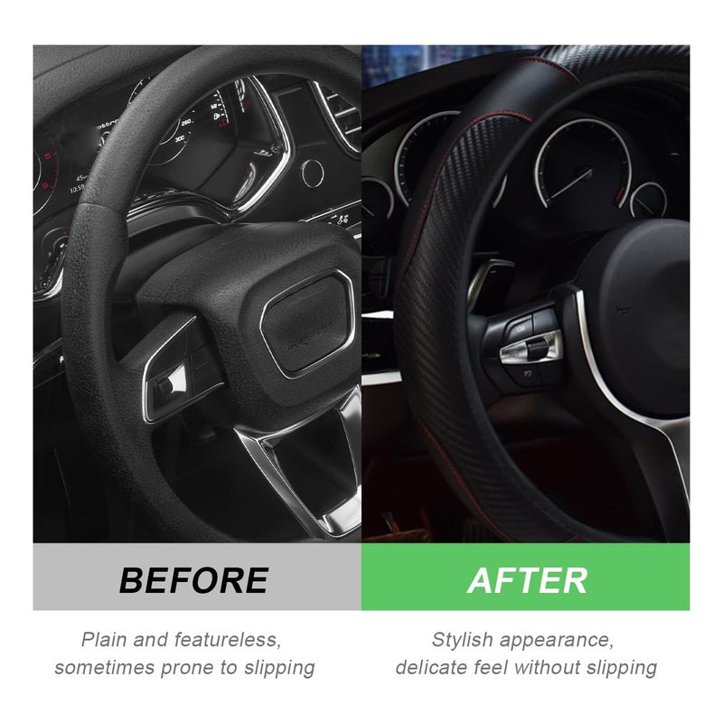 DXNQ Car Steering Wheel Cover, 15 Inch Carbon Fiber Leather Stitching Color Steering Wheel Protector, Anti-Slip Elastic Breathable Steering Wheel Cover Stylish Decor for Most Cars (Black) - Image 4