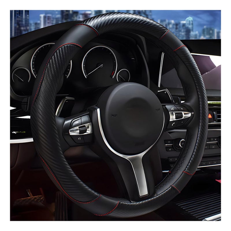 DXNQ Car Steering Wheel Cover, 15 Inch Carbon Fiber Leather Stitching Color Steering Wheel Protector, Anti-Slip Elastic Breathable Steering Wheel Cover Stylish Decor for Most Cars (Black) - Image 1
