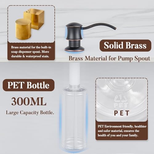 WINKEAR Built in Soap Dispenser for Kitchen Sink Countertop, Solid Brass Pump Head Long Spout with 10.2 Ounce PET Food Safe Material Lotion Bottle, Oil Rubber Bronze Finish - Image 4