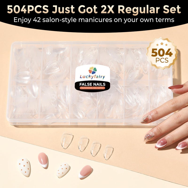 Luckyfairy Short Almond Nail Tips: 504pcs Pre-Etched Soft Gel Nail Tips, Tri-Layer Core Short Fake Nails, 12 Sizes Half Matte Full Cover Clear Press on Nails Extension DIY for Flat & Natural Nail Beds - Image 4