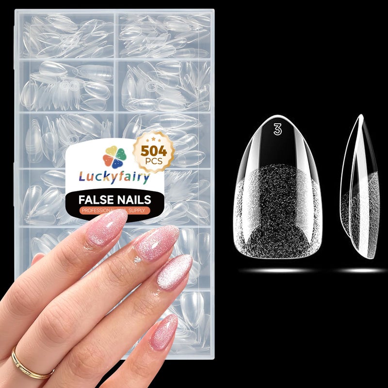Luckyfairy Short Almond Nail Tips: 504pcs Pre-Etched Soft Gel Nail Tips, Tri-Layer Core Short Fake Nails, 12 Sizes Half Matte Full Cover Clear Press on Nails Extension DIY for Flat & Natural Nail Beds - Image 1