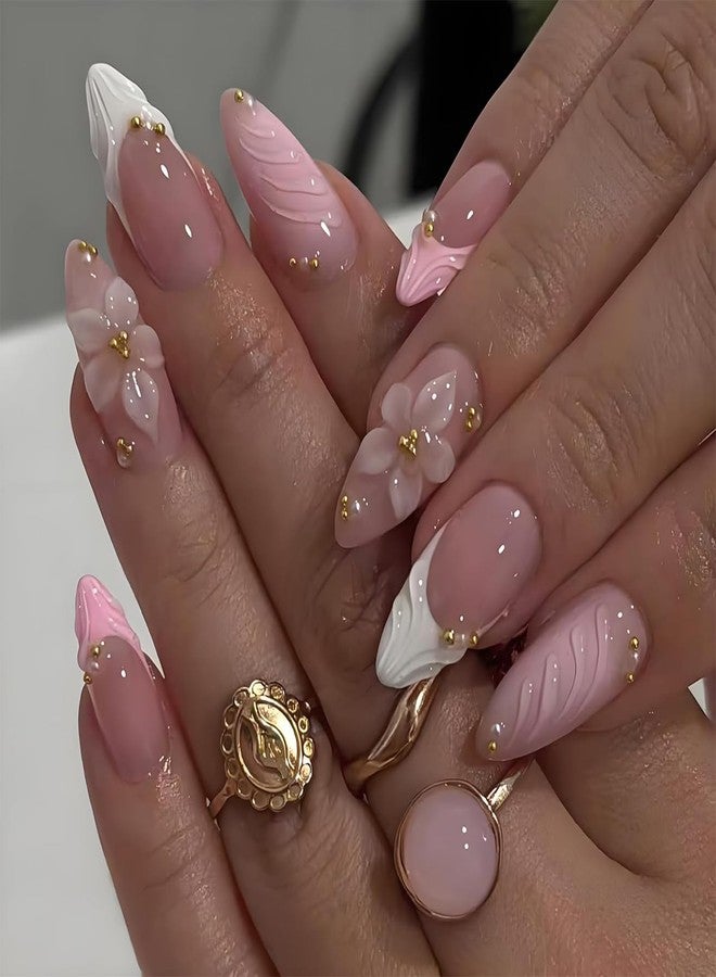 ZEYER 24Pcs Press on Nails Almond - Medium French Tip 3d Fake Nails with Embossed Flower Designs, Glossy Finish Reusable False Nails with Glue Tabs - 24Pcs Nail Kit (pink french tip flower) - Image 1