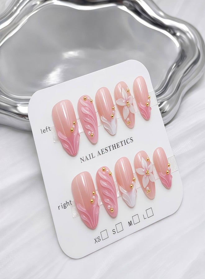 ZEYER 24Pcs Press on Nails Almond - Medium French Tip 3d Fake Nails with Embossed Flower Designs, Glossy Finish Reusable False Nails with Glue Tabs - 24Pcs Nail Kit (pink french tip flower) - Image 3