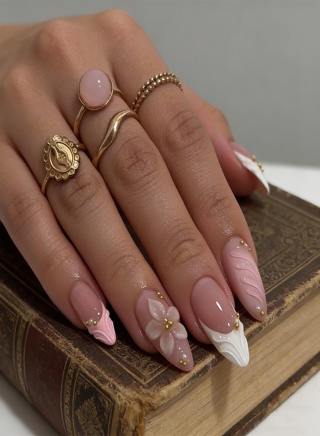 ZEYER 24Pcs Press on Nails Almond - Medium French Tip 3d Fake Nails with Embossed Flower Designs, Glossy Finish Reusable False Nails with Glue Tabs - 24Pcs Nail Kit (pink french tip flower) - Image 2