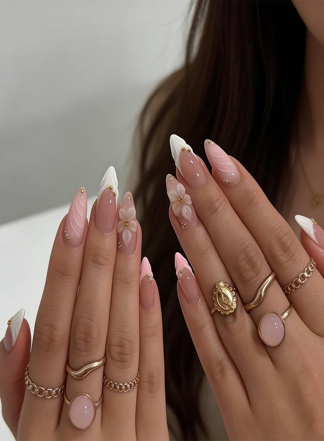 ZEYER 24Pcs Press on Nails Almond - Medium French Tip 3d Fake Nails with Embossed Flower Designs, Glossy Finish Reusable False Nails with Glue Tabs - 24Pcs Nail Kit (pink french tip flower) - Image 4