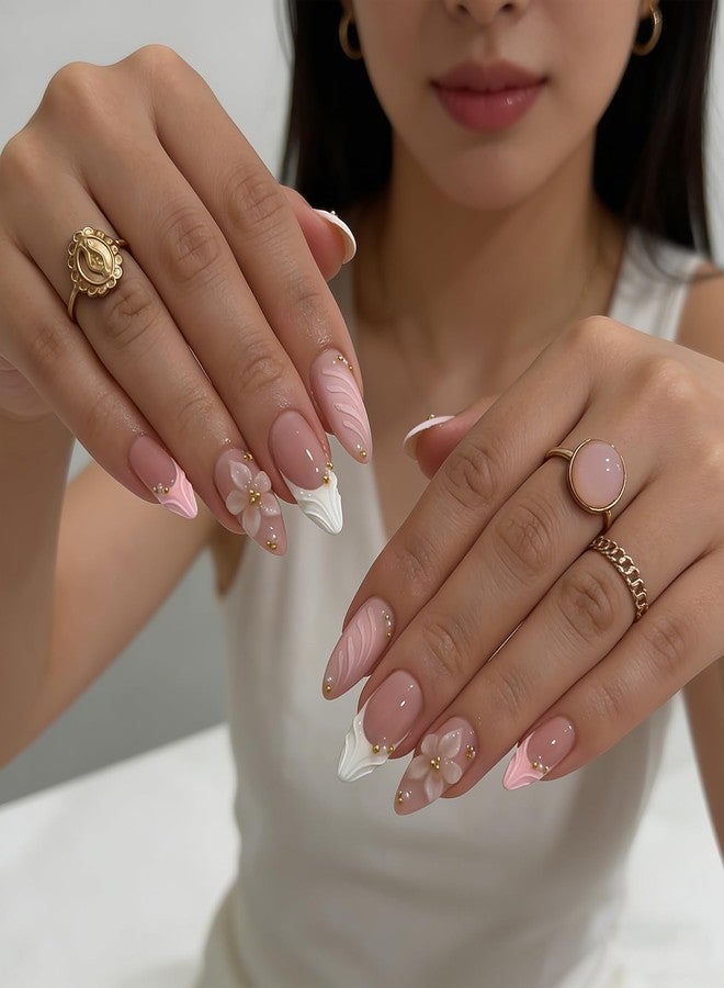 ZEYER 24Pcs Press on Nails Almond - Medium French Tip 3d Fake Nails with Embossed Flower Designs, Glossy Finish Reusable False Nails with Glue Tabs - 24Pcs Nail Kit (pink french tip flower) - Image 5