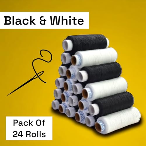 RIANZ Pack of 24 Pcs Sewing Thread Spun Polyester Yarn 300 Meters Each for Hand or Sewing Machines (12 Black & 12 White Color) - Image 2