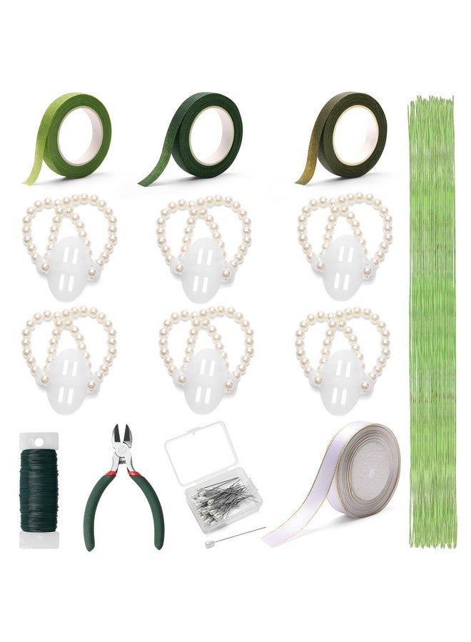 AHIER Corsage Wristlet Band, 213PCS DIY Wrist Corsage Kit with 6P Corsage Bracelet, Wire Cutter and Floral Wire, Green Floral Tape, Pin, Ribbon for Wedding Party Boutonniere Wrist Corsage Supplies - Image 1