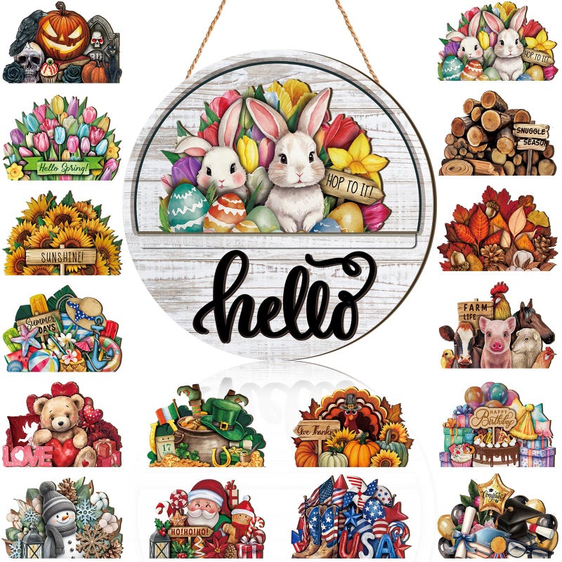 Yousoontic 17 Pcs 12 Inch Magnetic Welcome Door Sign Interchangeable Front Door Wreath Decor Rustic Seasonal Hanging Sign Easter Spring Decor for Home Warming Gift(Lovely Color,Hello) - Image 1