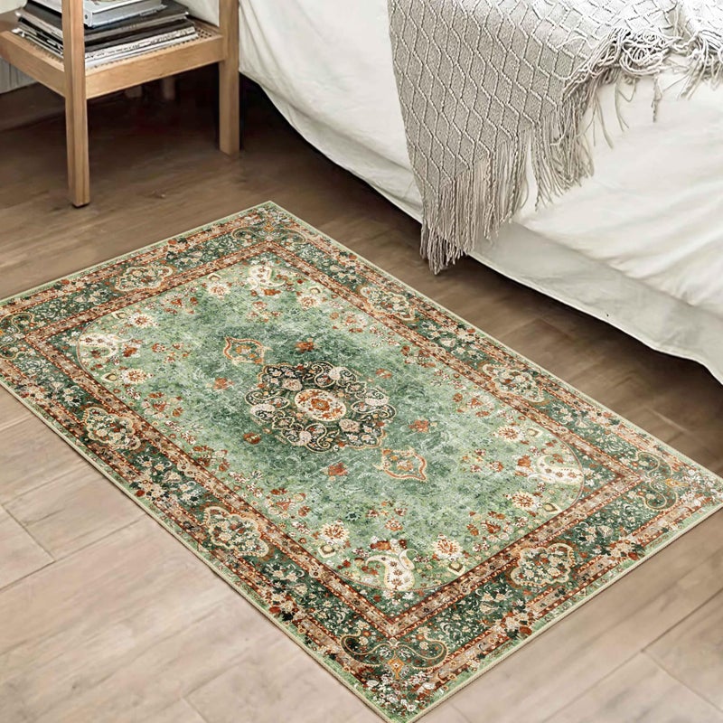 Castage Small Rugs 2x3 Green Rug for Entryway Bathroom Bedroom Kitchen Entrance Doormat Boho Vintage Bohemian Distressed Washable Oriental Accent Floor Throw Carpet Non Slip - Image 3