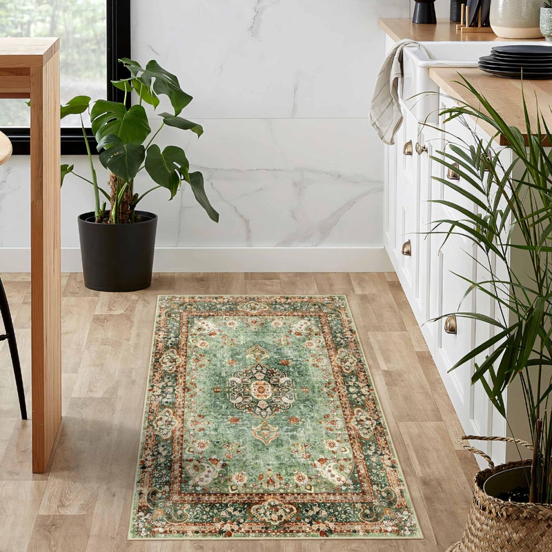 Castage Small Rugs 2x3 Green Rug for Entryway Bathroom Bedroom Kitchen Entrance Doormat Boho Vintage Bohemian Distressed Washable Oriental Accent Floor Throw Carpet Non Slip - Image 2