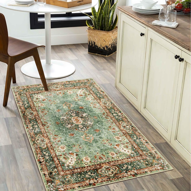 Castage Small Rugs 2x3 Green Rug for Entryway Bathroom Bedroom Kitchen Entrance Doormat Boho Vintage Bohemian Distressed Washable Oriental Accent Floor Throw Carpet Non Slip - Image 1