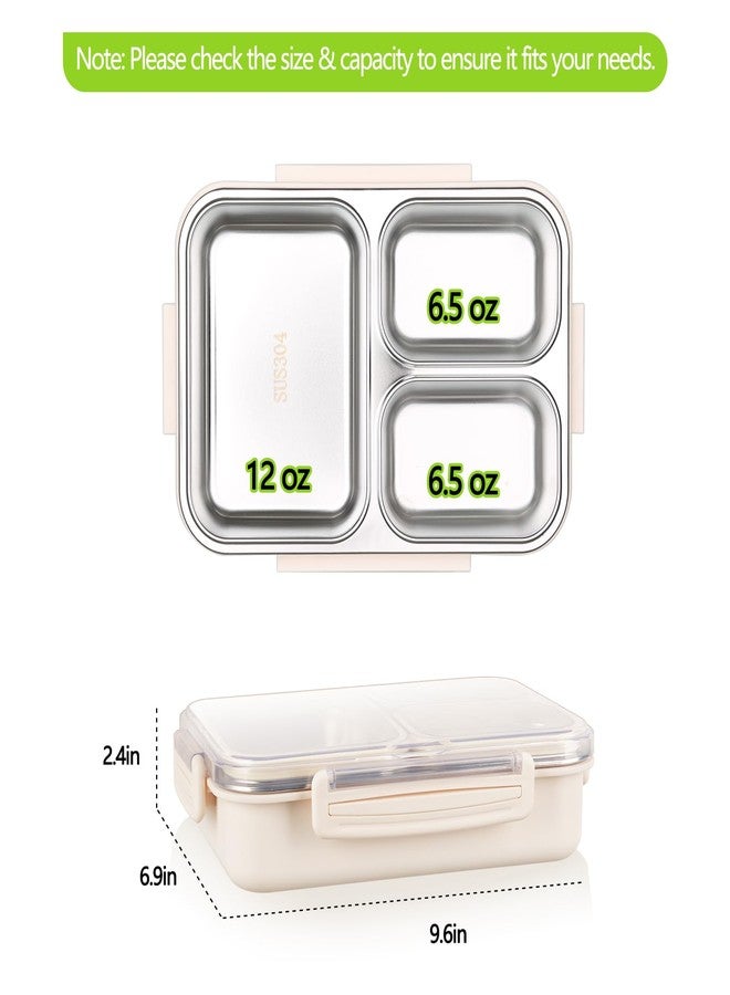PTYTIFY Stainless Steel Bento Box, 3 Compartments Leakproof Stainless Steel Snack Containers, 25 oz Premium 304 Metal Lunch Box for Adults, BPA-Free, Dishwasher Safe (Beige) - Image 2
