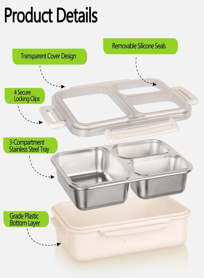 PTYTIFY Stainless Steel Bento Box, 3 Compartments Leakproof Stainless Steel Snack Containers, 25 oz Premium 304 Metal Lunch Box for Adults, BPA-Free, Dishwasher Safe (Beige) - Image 5