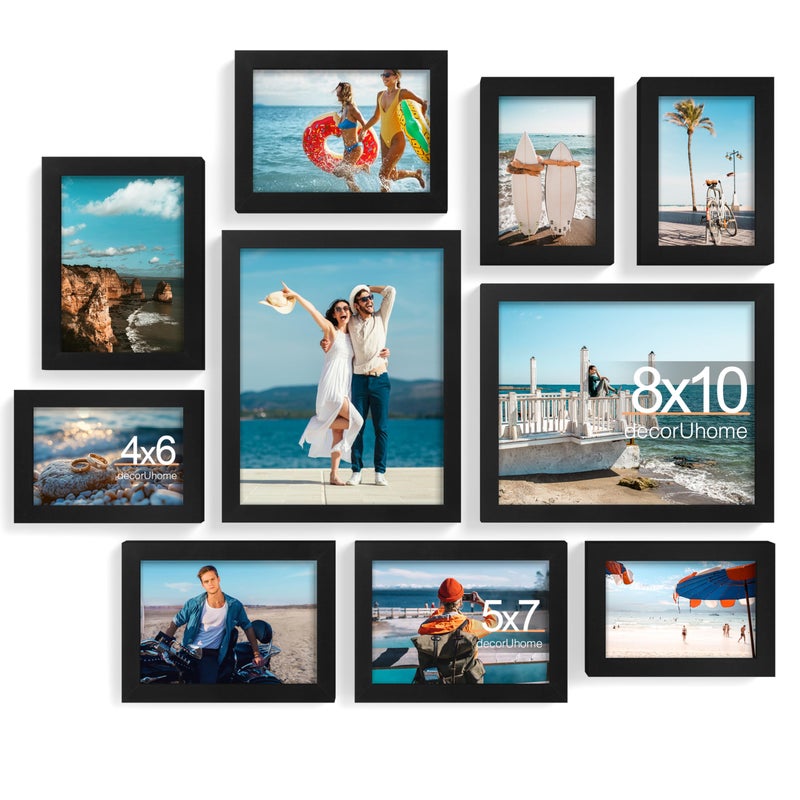 decorUhome Picture Frames Collage Wall Decor for Photo Gallery Display Assorted Picture Frames set of 10 Including Two 8x10  Four 5x7  Four 4x6 for Family Wall Decor Black 10 Pack