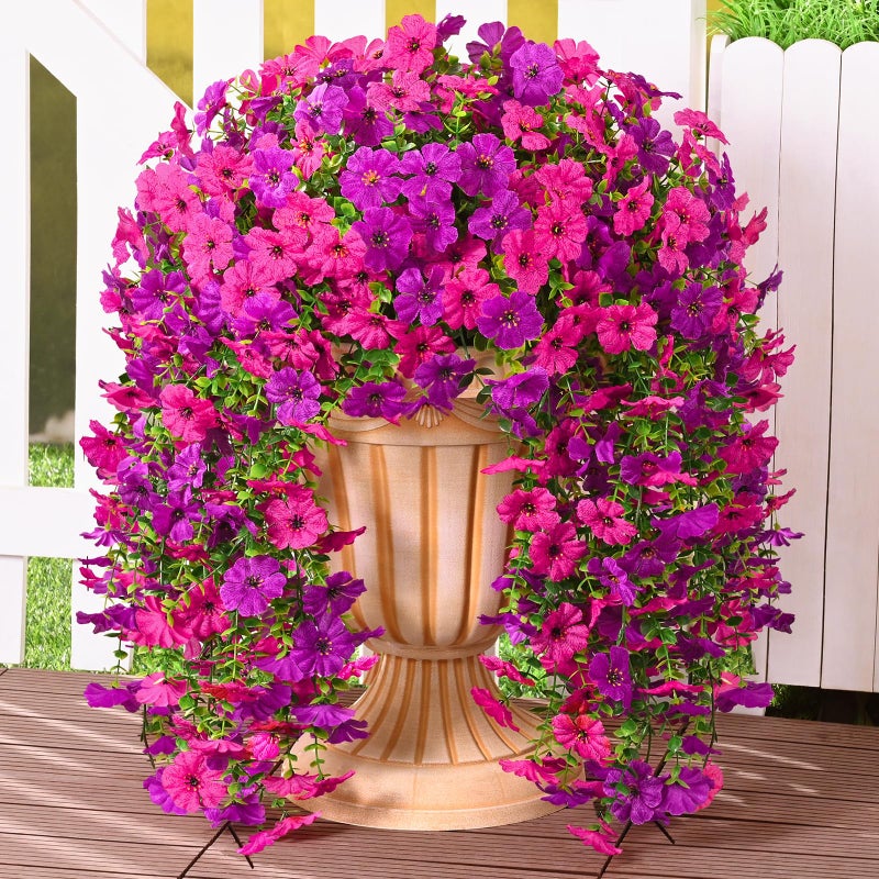 Dolicer 2 Pcs Look Real Artificial Flowers for Outdoors, Realistic Fake Artificial Hanging Flowers for Outdoors UV Resistant Silk Faux Hanging Plants Flowers for Porch Patio Garden (Purple+Fuchsia) - Image 1