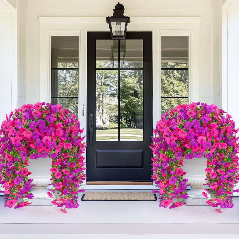 Dolicer 2 Pcs Look Real Artificial Flowers for Outdoors, Realistic Fake Artificial Hanging Flowers for Outdoors UV Resistant Silk Faux Hanging Plants Flowers for Porch Patio Garden (Purple+Fuchsia) - Image 2