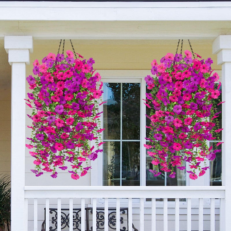 Dolicer 2 Pcs Look Real Artificial Flowers for Outdoors, Realistic Fake Artificial Hanging Flowers for Outdoors UV Resistant Silk Faux Hanging Plants Flowers for Porch Patio Garden (Purple+Fuchsia) - Image 5