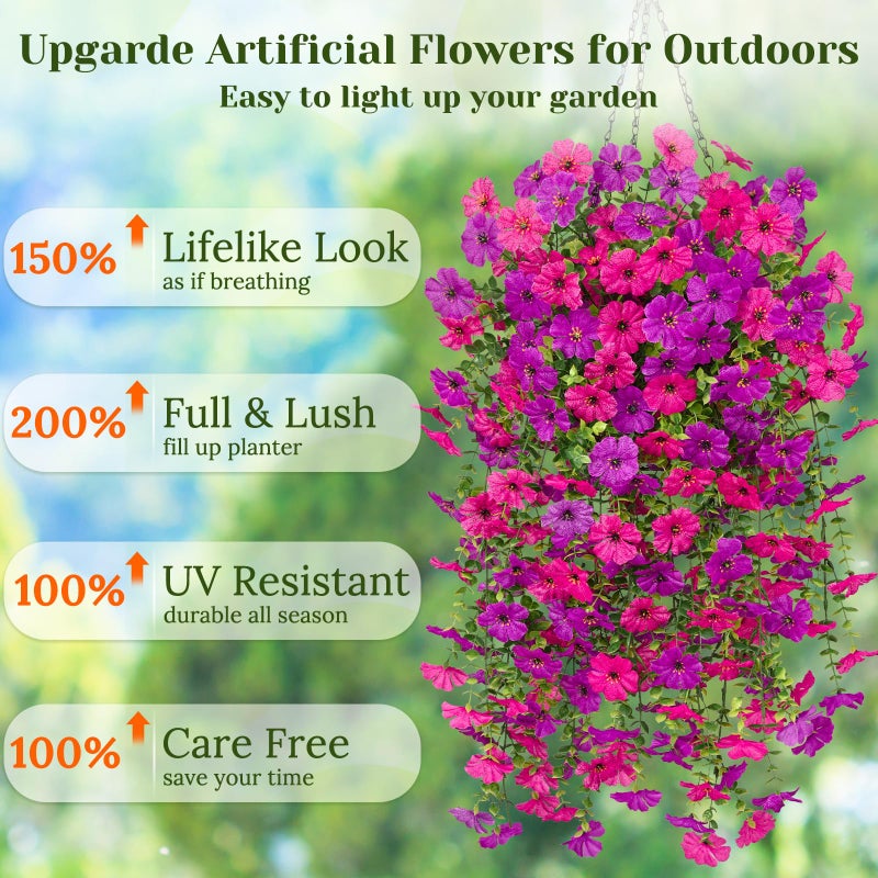 Dolicer 2 Pcs Look Real Artificial Flowers for Outdoors, Realistic Fake Artificial Hanging Flowers for Outdoors UV Resistant Silk Faux Hanging Plants Flowers for Porch Patio Garden (Purple+Fuchsia) - Image 4