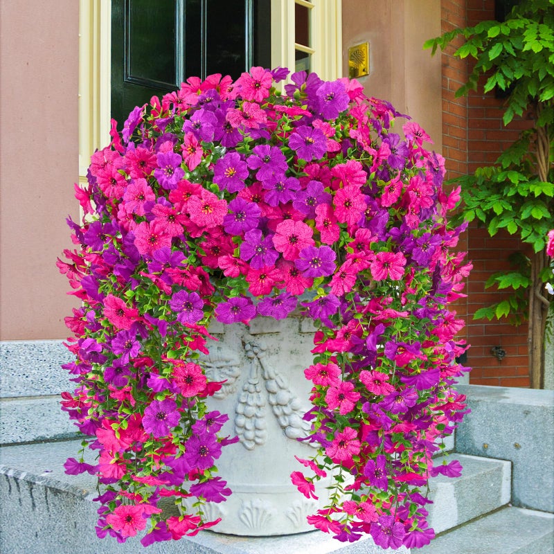 Dolicer 2 Pcs Look Real Artificial Flowers for Outdoors, Realistic Fake Artificial Hanging Flowers for Outdoors UV Resistant Silk Faux Hanging Plants Flowers for Porch Patio Garden (Purple+Fuchsia) - Image 3