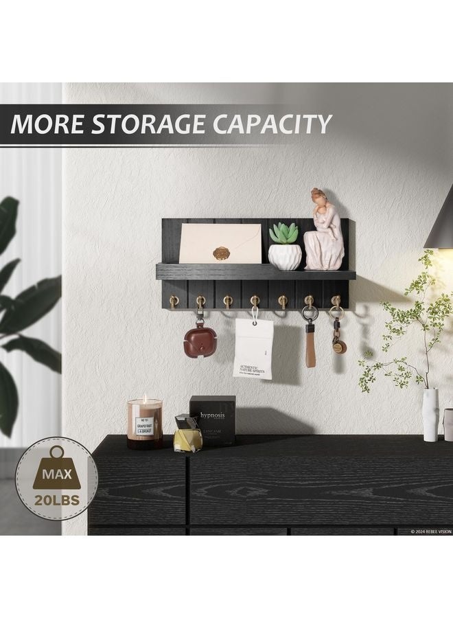 HOMESTAR Decorative Key and Mail Holder for Wall - Farmhouse 15 Inches Floating Shelf with 7 Sturdy Key Hooks for Home Entryway Wall Decor - Rustic Key Racks (Black) - Image 2