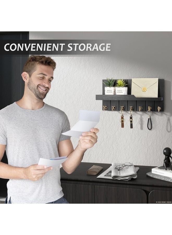 HOMESTAR Decorative Key and Mail Holder for Wall - Farmhouse 15 Inches Floating Shelf with 7 Sturdy Key Hooks for Home Entryway Wall Decor - Rustic Key Racks (Black) - Image 3