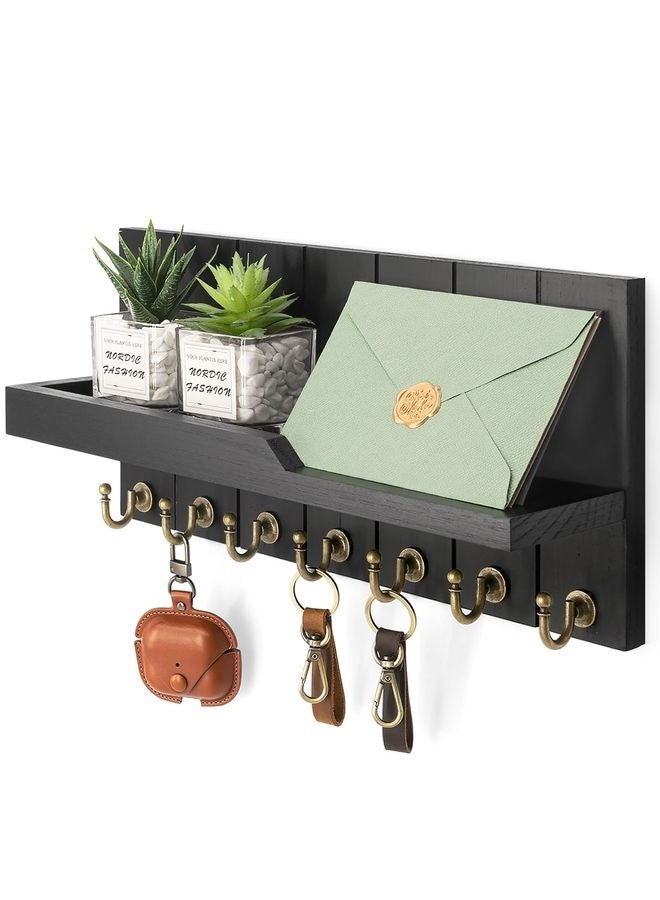 HOMESTAR Decorative Key and Mail Holder for Wall - Farmhouse 15 Inches Floating Shelf with 7 Sturdy Key Hooks for Home Entryway Wall Decor - Rustic Key Racks (Black) - Image 1