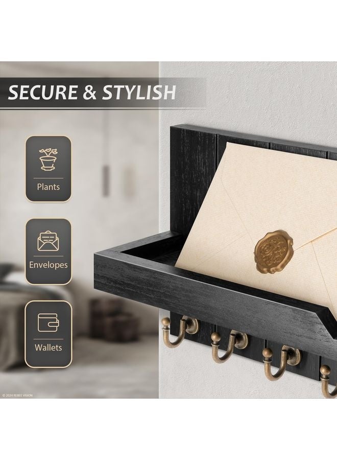 HOMESTAR Decorative Key and Mail Holder for Wall - Farmhouse 15 Inches Floating Shelf with 7 Sturdy Key Hooks for Home Entryway Wall Decor - Rustic Key Racks (Black) - Image 4