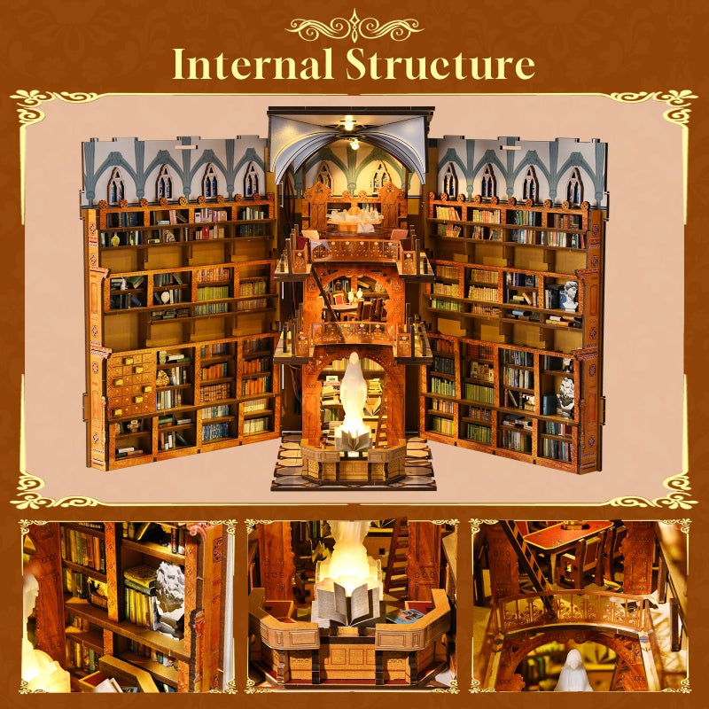 CCCDF Book Nook Kit, DIY Miniature House Kit 3D Wooden Puzzle for Adults Booknook Kit with Dust Cover Book Decor Bookshelf Decoration Decorative Bookends Women Craft Gifts for Teens (Public Library) - Image 5