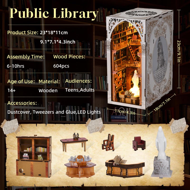 CCCDF Book Nook Kit, DIY Miniature House Kit 3D Wooden Puzzle for Adults Booknook Kit with Dust Cover Book Decor Bookshelf Decoration Decorative Bookends Women Craft Gifts for Teens (Public Library) - Image 2