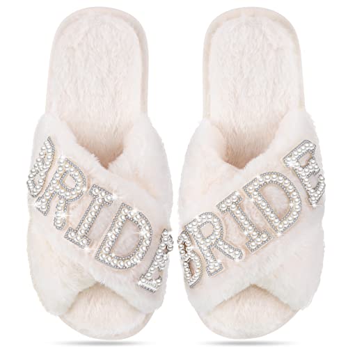 Jiuguva Bride Slippers for Wedding Day White Bridesmaid Slippers Mother of the Bride Gifts for Bridal and Bachelorette Party(Size 9-10,Creamy White) - Image 1