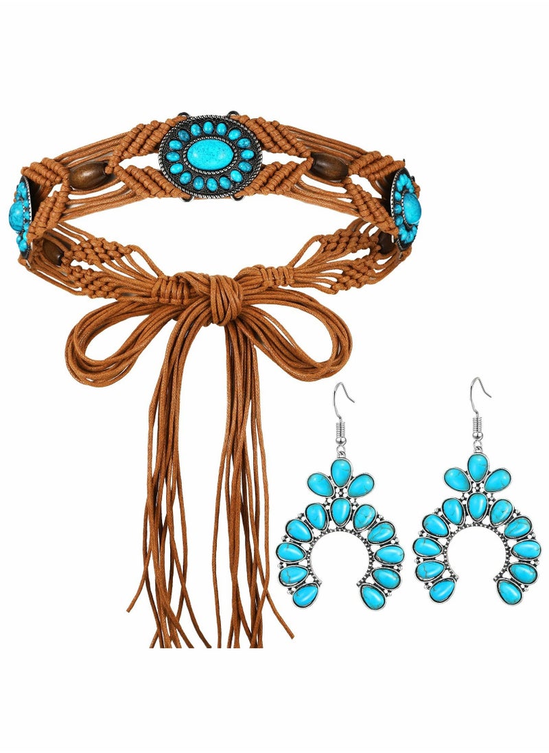 Turquoise Woven Waist Belt and Bohemian Jewelry Set for Women, Featuring Drop Statement Post Earrings - 2 Piece Accessory Collection. - Image 1