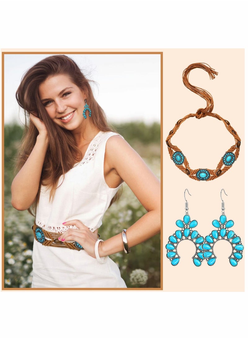 Turquoise Woven Waist Belt and Bohemian Jewelry Set for Women, Featuring Drop Statement Post Earrings - 2 Piece Accessory Collection. - Image 2