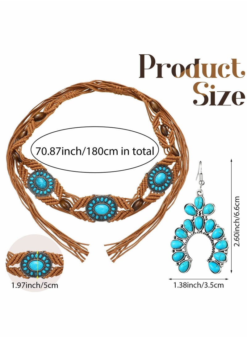 Turquoise Woven Waist Belt and Bohemian Jewelry Set for Women, Featuring Drop Statement Post Earrings - 2 Piece Accessory Collection. - Image 4