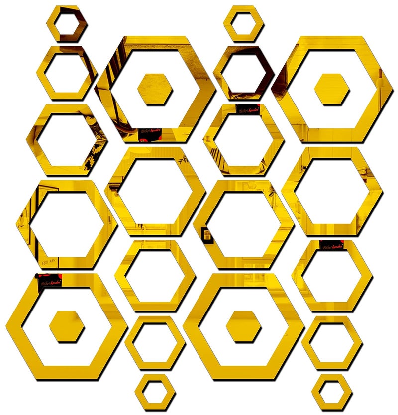 Bikri Kendra Bikri Kendra Premium Acrylic Hexagon Rings 243D Mirror Wall Decor Stickers 17x17x5cm Golden