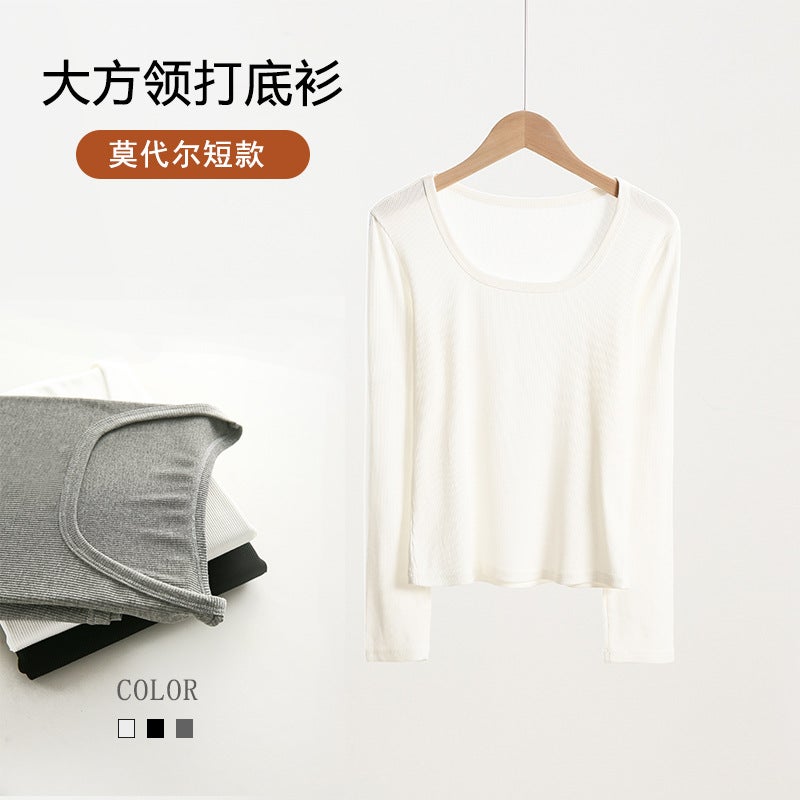 Threaded Modal Short Square Collar Base Shirt Women's All-match Autumn Clothes Slim-fit Styish White Long-sleeved T-shirt - Image 2