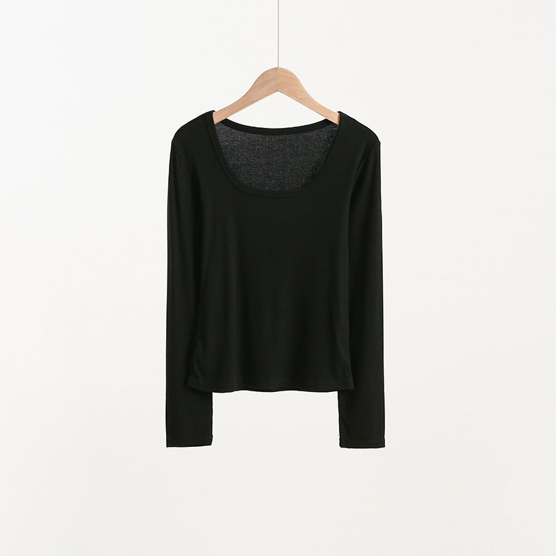 Threaded Modal Short Square Collar Base Shirt Women's All-match Autumn Clothes Slim-fit Styish White Long-sleeved T-shirt - Image 1