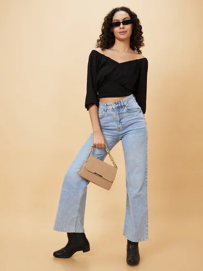globus Women Black Self Designed Off-Shoulder Waist Tie-Ups Detailed Crop Top