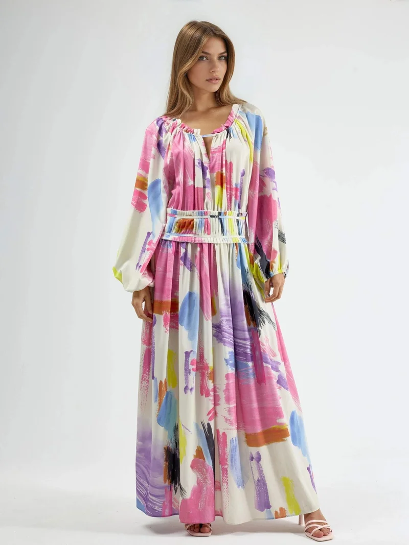 جينيفر Abstract Print Belted Maxi Dress