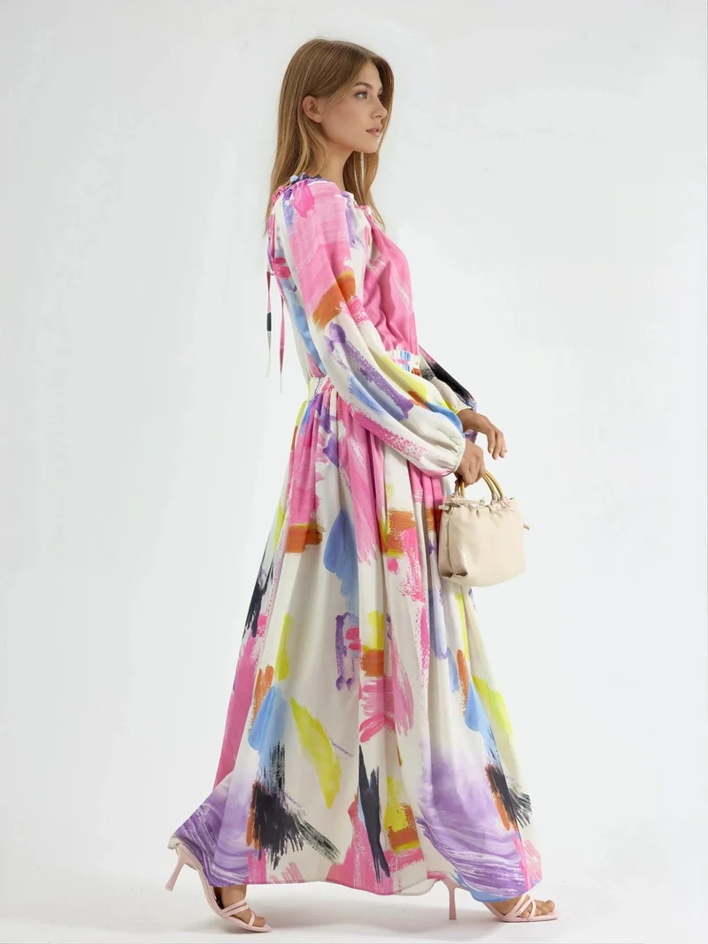 جينيفر Abstract Print Belted Maxi Dress
