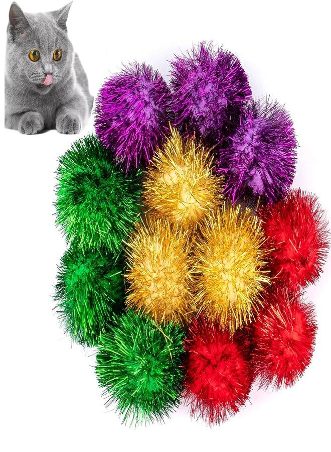 AUEAR, 12 Pack 2 Inch Sparkle Ball Shiny Glitter Tinsel Pom Poms Interactive Cat Balls for Kittens (4 Colors, 12 Inch-12 Pack) - Image 1