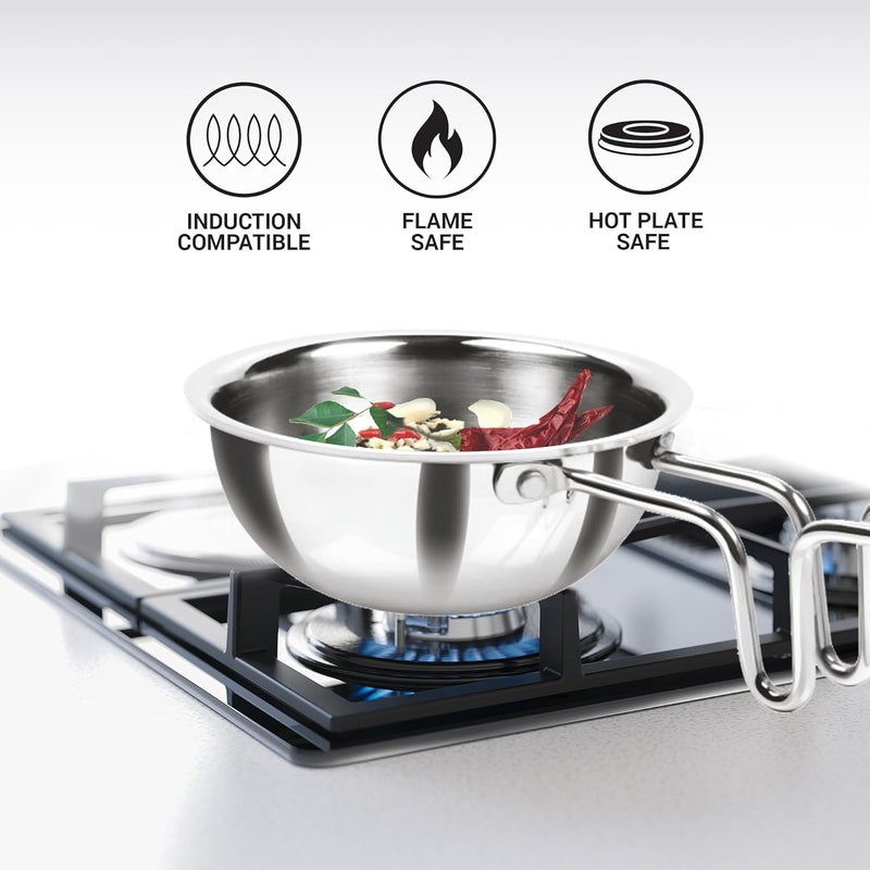 MILTON Pro cook مقلاة ميلتون برو-كوك تادكا 12 سم (370 مل) - مقلاة ثلاثية الطبقات من الفولاذ المقاوم للصدأ، متوافقة مع المواقد الحثية والغازية، مثالية للعدس والتوابل، بمقبض طويل وسطح أملس - Image 3