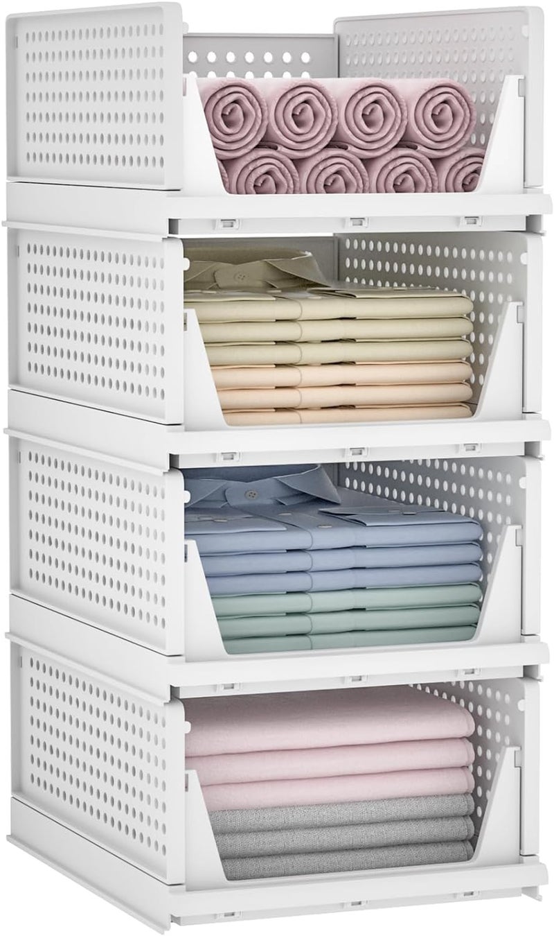 MECHDEL Wardrobe Organizer for StoragePolypropylene Foldable Stackable Closet BasketCupboard Organizer for ClothesMounted Closet Systems FOLDABLE BASKETWHITE 4PCS - Image 1