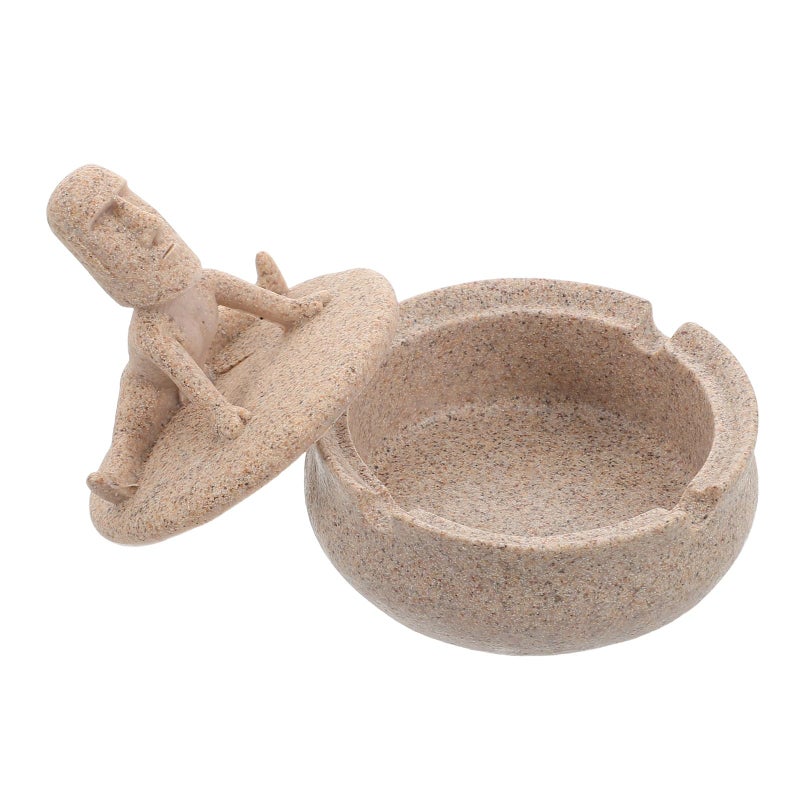 Round Resin Ashtray With Cover For Home Office Desktop Sandstone Color - Image 2