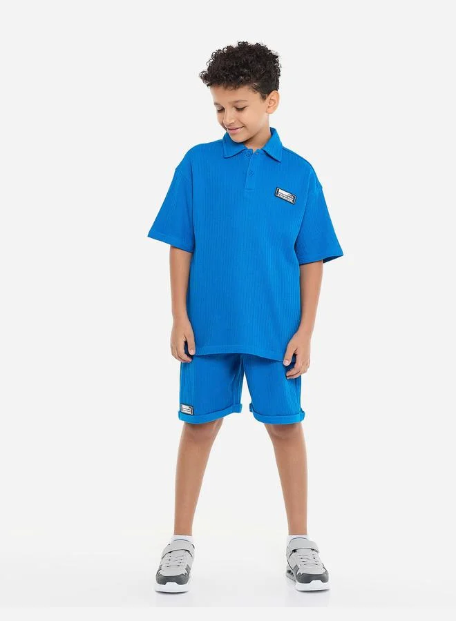 victor and jane Victor And Jane Boys Blue Textured Polo T-Shirt and Shorts Set