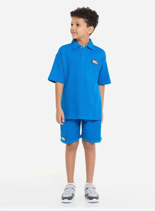 victor and jane Victor And Jane Boys Blue Textured Polo T-Shirt and Shorts Set