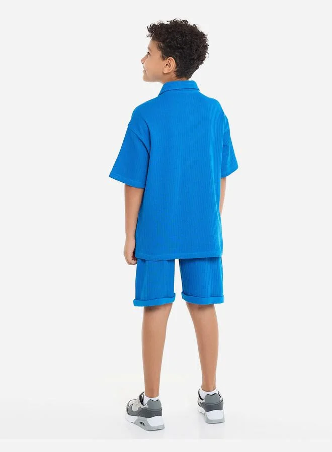 victor and jane Victor And Jane Boys Blue Textured Polo T-Shirt and Shorts Set