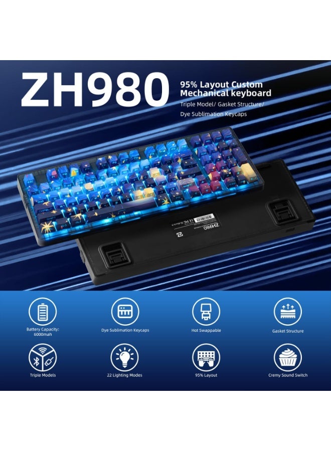 ZORNHER ZH980 Mechanical Keyboard,95% Blue Creamy Keyboard with Number Pad,Van Gogh's Starry Night Dye Sublimation PBT Keycaps,Creamy Sounding Linear Switches,Hot-Swappable,RGB Backlit - Image 2